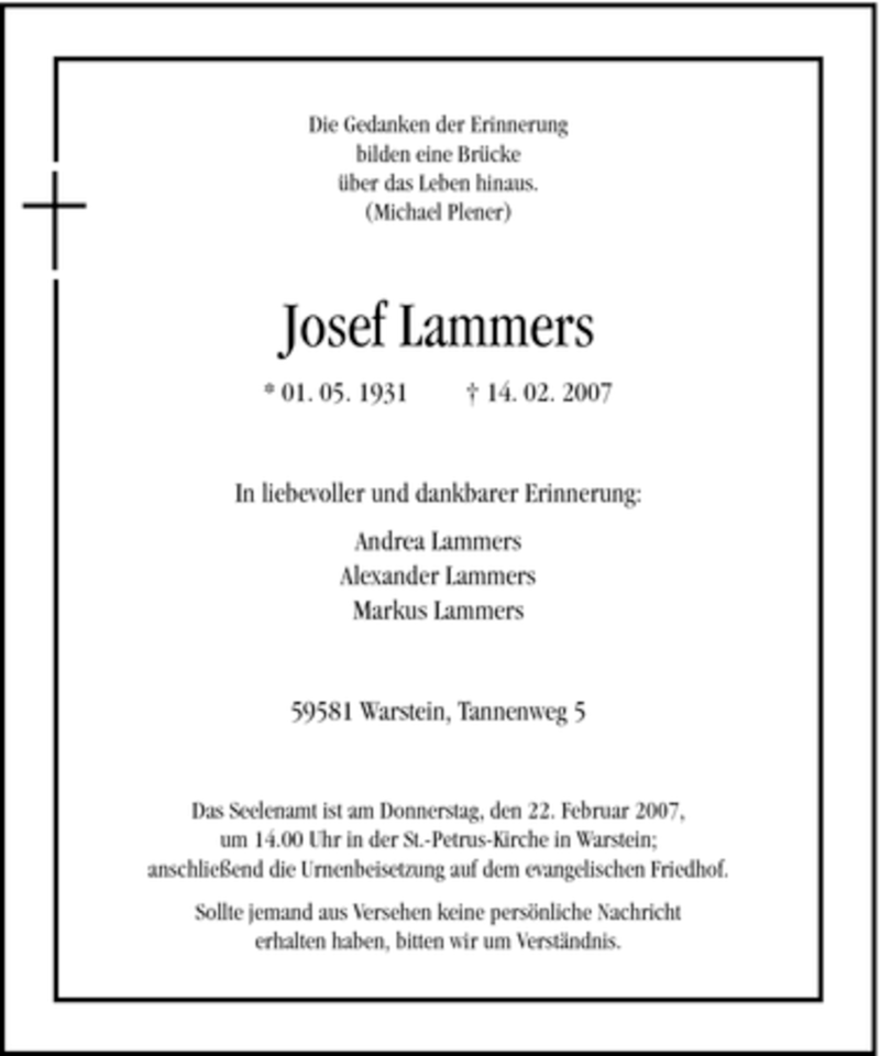  Traueranzeige für Josef Lammers vom 17.02.2007 aus WESTFÄLISCHER ANZEIGER