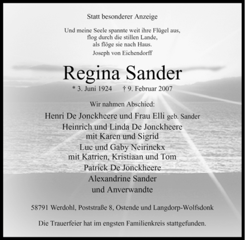  Traueranzeige für Regina Sander vom 17.02.2007 aus WESTFÄLISCHER ANZEIGER