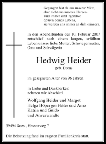 Traueranzeige von Hedwig Heider von WESTFÄLISCHER ANZEIGER