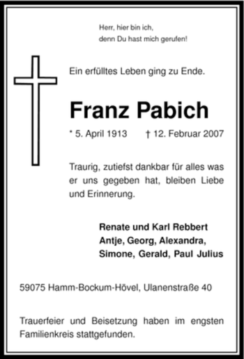 Traueranzeige von Franz Pabich von WESTFÄLISCHER ANZEIGER
