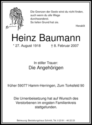 Traueranzeige von Heinz Baumann von WESTFÄLISCHER ANZEIGER