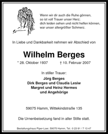 Traueranzeige von Wilhelm Berges von WESTFÄLISCHER ANZEIGER