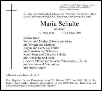 Traueranzeige von Maria Schulte von WESTFÄLISCHER ANZEIGER