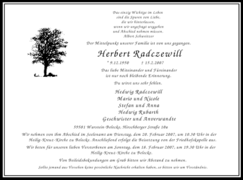 Traueranzeige von Herbert Radczewill von WESTFÄLISCHER ANZEIGER
