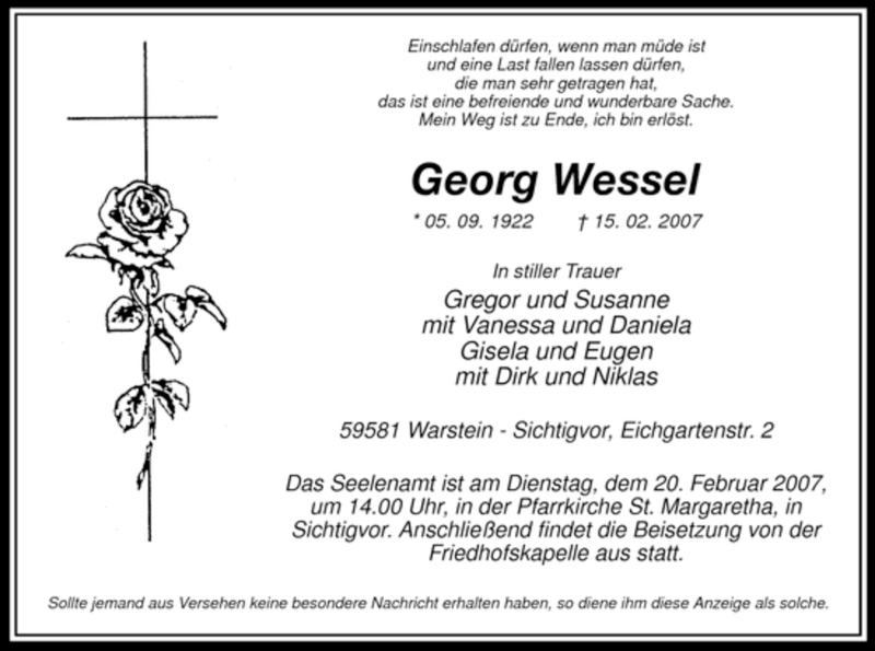  Traueranzeige für Georg Wessel vom 17.02.2007 aus WESTFÄLISCHER ANZEIGER