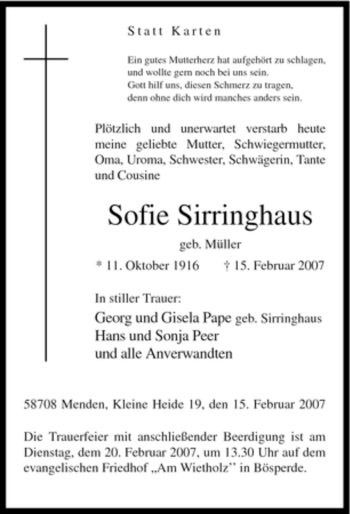 Traueranzeige von Sofie Sirringhaus von WESTFÄLISCHER ANZEIGER