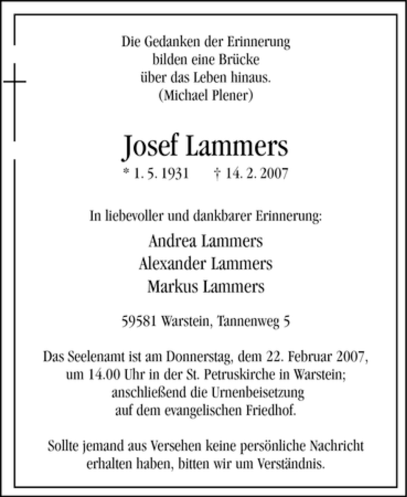  Traueranzeige für Josef Lammers vom 17.02.2007 aus WESTFÄLISCHER ANZEIGER
