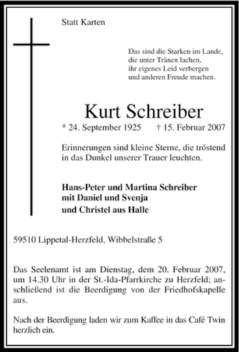 Traueranzeige von Kurt Schreiber von WESTFÄLISCHER ANZEIGER