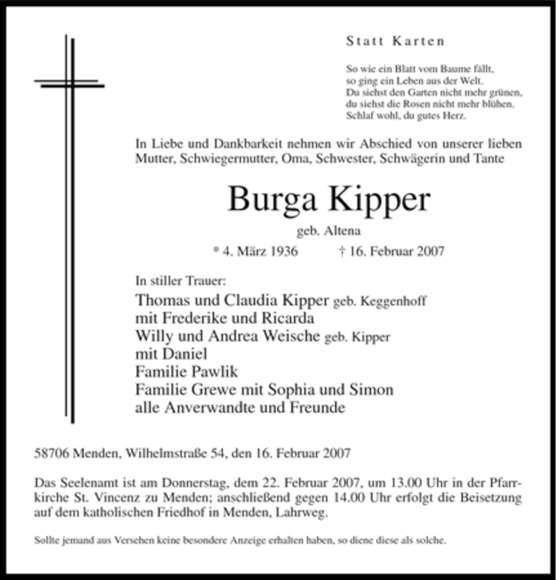  Traueranzeige für Burga Kipper vom 17.02.2007 aus WESTFÄLISCHER ANZEIGER