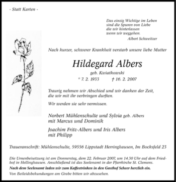 Traueranzeige von Hildegard Albers von WESTFÄLISCHER ANZEIGER