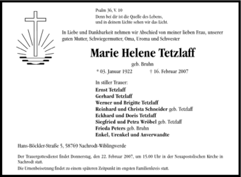 Traueranzeige von Marie Helene Tetzlaff von WESTFÄLISCHER ANZEIGER