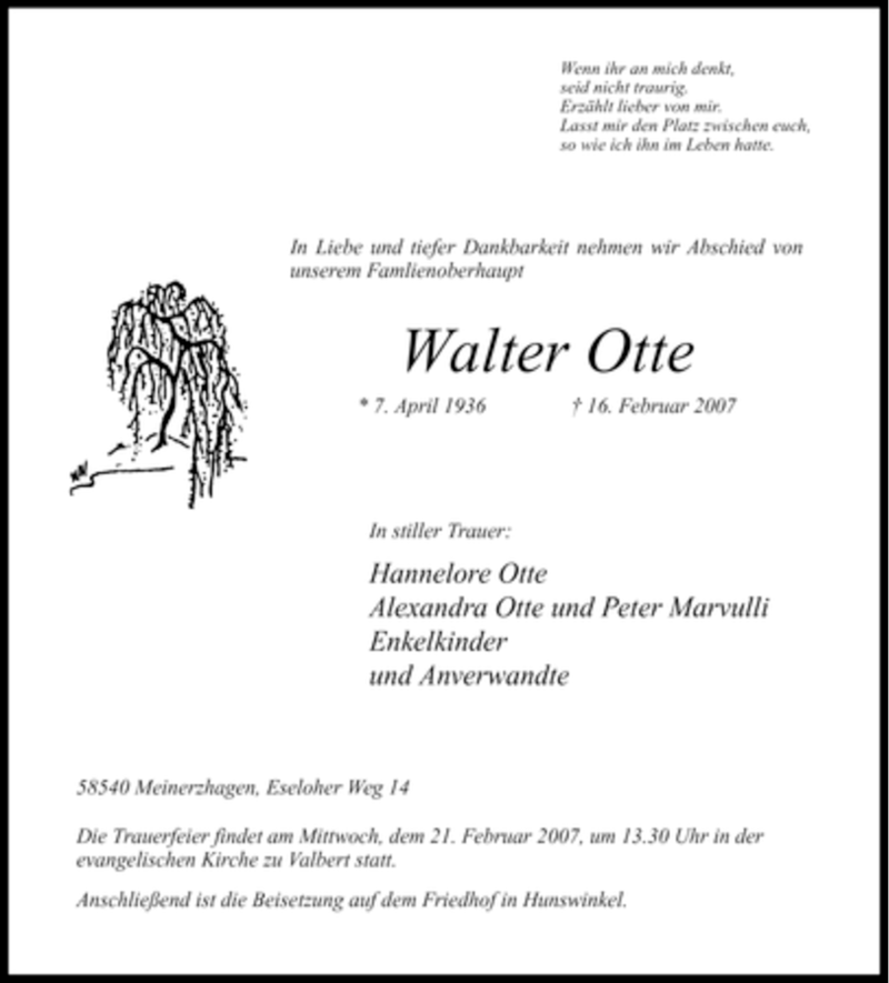  Traueranzeige für Walter Otte vom 19.02.2007 aus WESTFÄLISCHER ANZEIGER