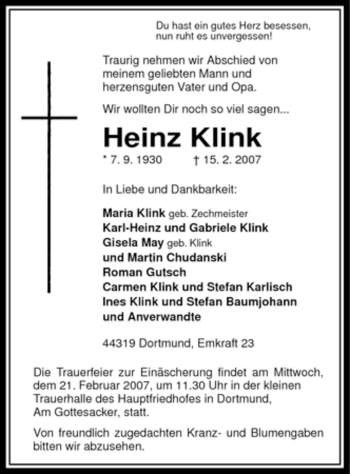 Traueranzeige von Heinz Klink von WESTFÄLISCHER ANZEIGER