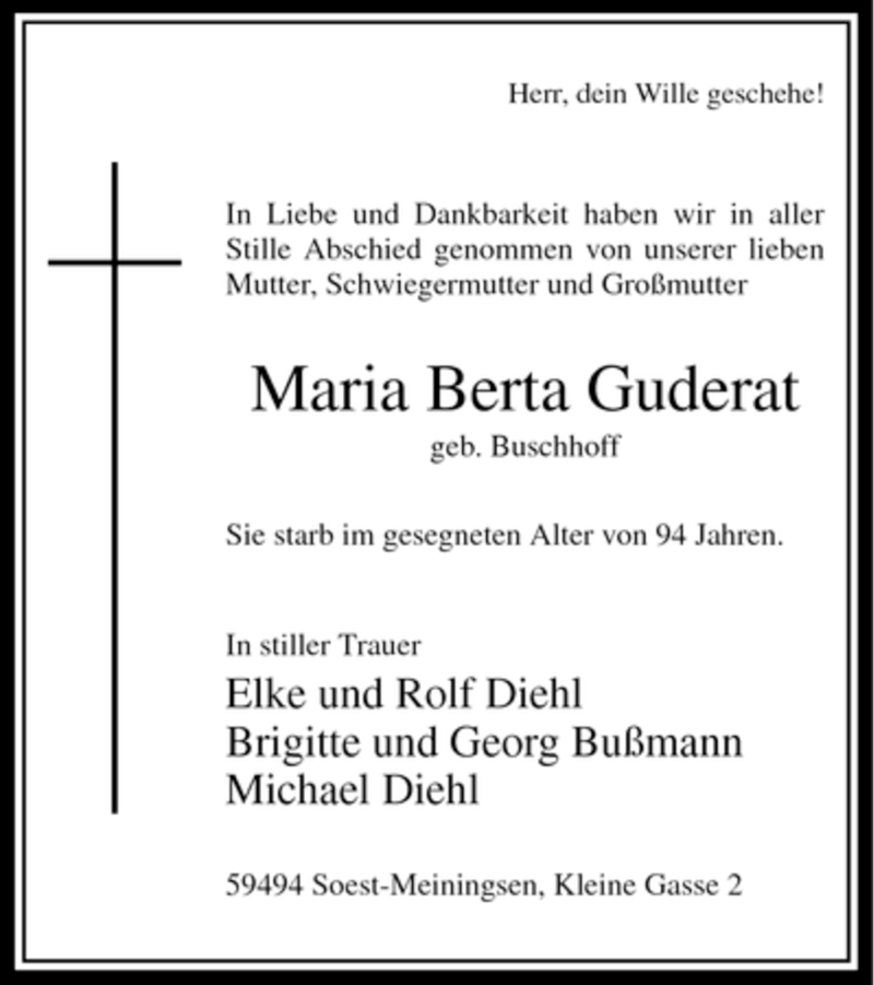  Traueranzeige für Maria Berta Guderat vom 19.02.2007 aus WESTFÄLISCHER ANZEIGER