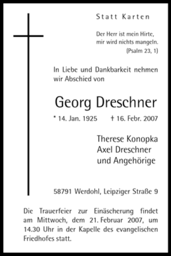 Traueranzeige von Georg Dreschner von WESTFÄLISCHER ANZEIGER