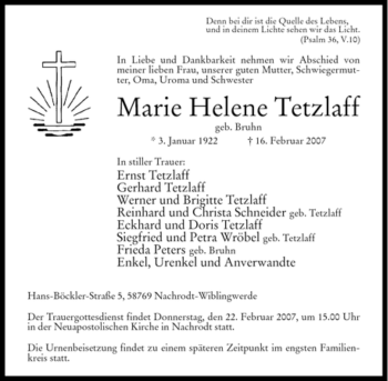 Traueranzeige von Marie Helene Tetzlaff von WESTFÄLISCHER ANZEIGER