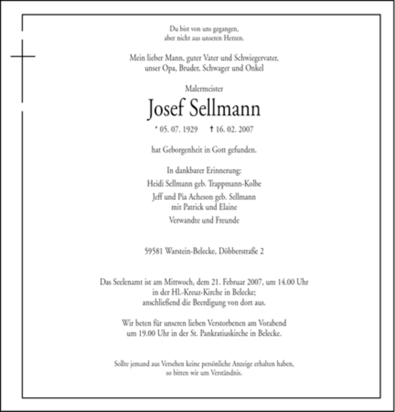  Traueranzeige für Josef Sellmann vom 19.02.2007 aus WESTFÄLISCHER ANZEIGER