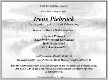 Traueranzeige von Irene Piebrock von WESTFÄLISCHER ANZEIGER