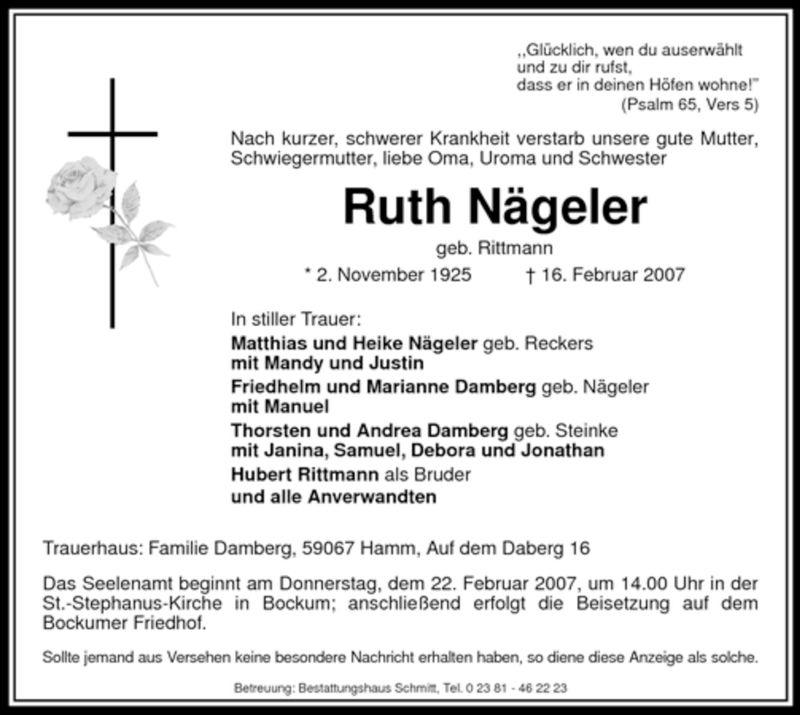  Traueranzeige für Ruth Nägeler vom 19.02.2007 aus WESTFÄLISCHER ANZEIGER