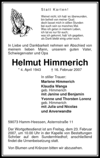Traueranzeige von Helmut Himmerich von WESTFÄLISCHER ANZEIGER