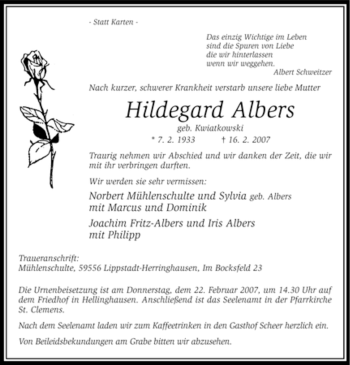 Traueranzeige von Hildegard Albers von WESTFÄLISCHER ANZEIGER