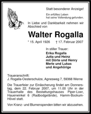 Traueranzeige von Walter Rogalla von WESTFÄLISCHER ANZEIGER
