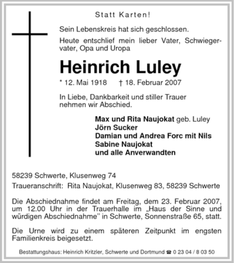 Traueranzeige für Heinrich Luley vom 20.02.2007 aus WESTFÄLISCHER ANZEIGER