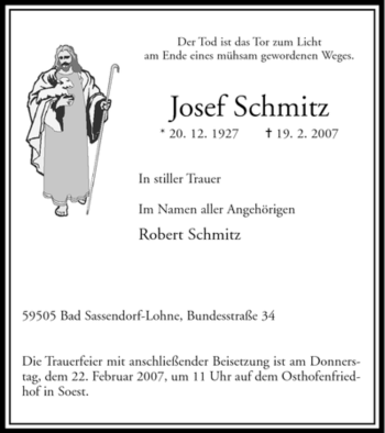 Traueranzeige von Josef Schmitz von WESTFÄLISCHER ANZEIGER