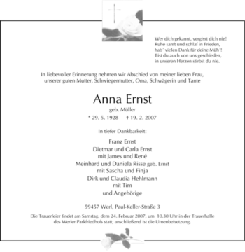 Traueranzeige von Anna Ernst von WESTFÄLISCHER ANZEIGER