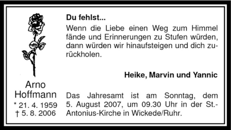  Traueranzeige für Arno Hoffmann vom 04.08.2007 aus WESTFÄLISCHER ANZEIGER