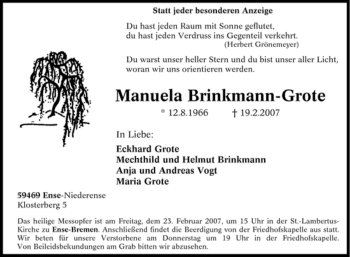 Traueranzeige von Manuela Brinkmann-Grote von WESTFÄLISCHER ANZEIGER