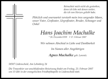Traueranzeige von Hans Joachim Machalke von WESTFÄLISCHER ANZEIGER