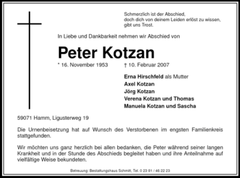 Traueranzeige von Peter Kotzan von WESTFÄLISCHER ANZEIGER