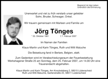 Traueranzeige von Jörg Tönges von WESTFÄLISCHER ANZEIGER