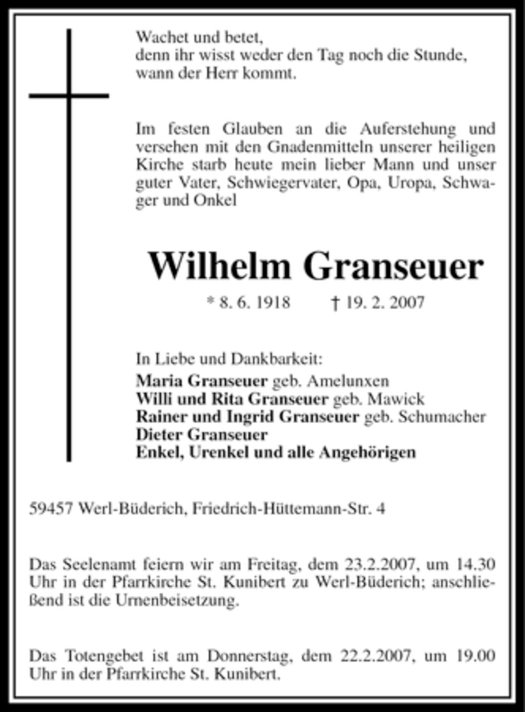  Traueranzeige für Wilhelm Granseuer vom 21.02.2007 aus WESTFÄLISCHER ANZEIGER