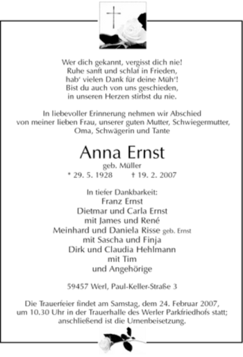 Traueranzeige von Anna Ernst von WESTFÄLISCHER ANZEIGER