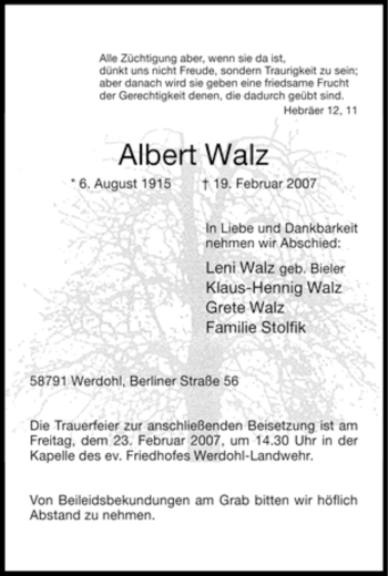 Traueranzeige von Albert Walz von WESTFÄLISCHER ANZEIGER