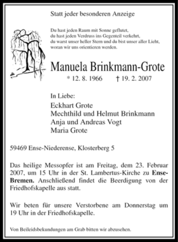 Traueranzeige von Manuela Brinkmann-Grote von WESTFÄLISCHER ANZEIGER