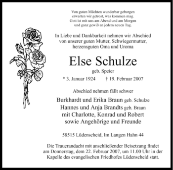 Traueranzeige von Else Schulze von WESTFÄLISCHER ANZEIGER