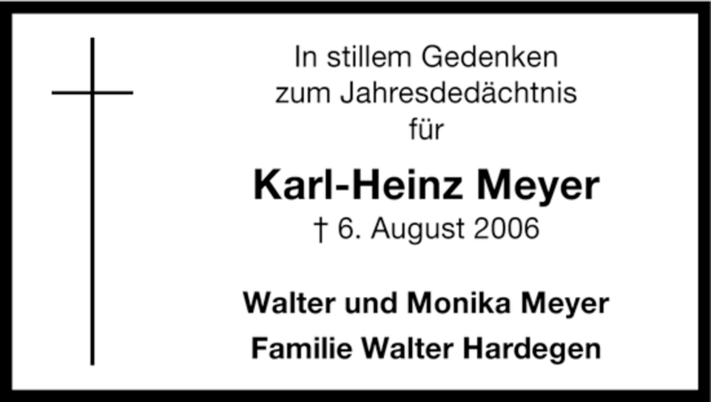  Traueranzeige für Karl-Heinz Meyer vom 06.08.2007 aus WESTFÄLISCHER ANZEIGER