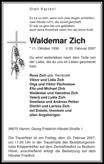 Traueranzeige von Waldemar Zich von WESTFÄLISCHER ANZEIGER