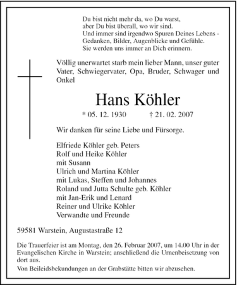  Traueranzeige für Hans Köhler vom 23.02.2007 aus WESTFÄLISCHER ANZEIGER