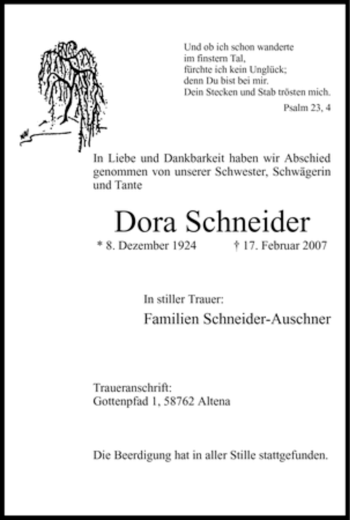 Traueranzeige von Dora Schneider von WESTFÄLISCHER ANZEIGER