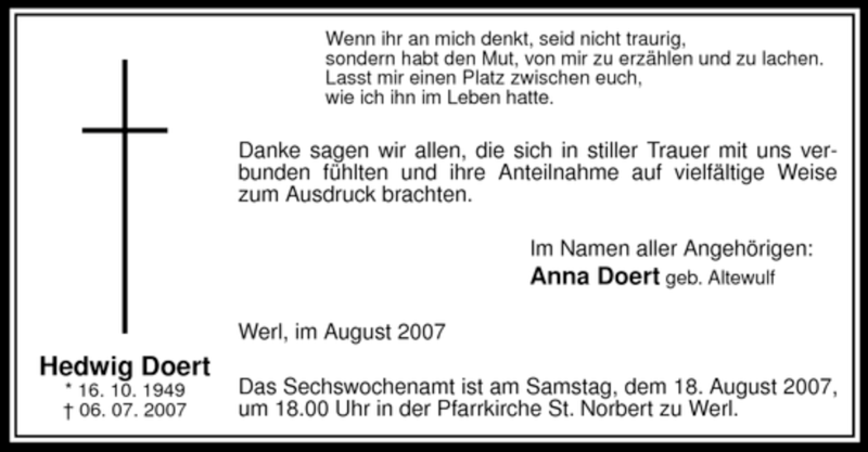  Traueranzeige für Hedwig Doert vom 14.08.2007 aus WESTFÄLISCHER ANZEIGER