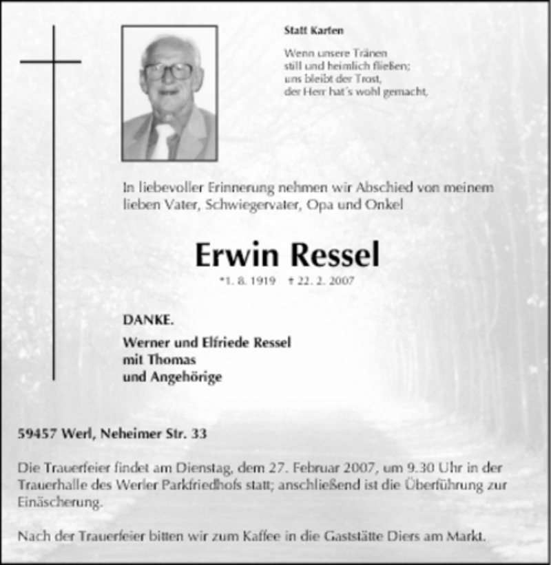 Traueranzeige für Erwin Ressel vom 24.02.2007 aus WESTFÄLISCHER ANZEIGER