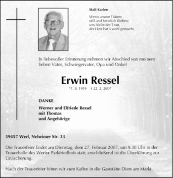 Traueranzeige von Erwin Ressel von WESTFÄLISCHER ANZEIGER
