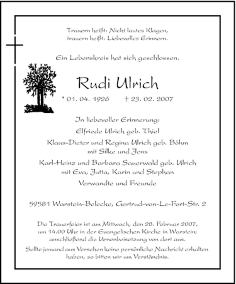  Traueranzeige für Rudi Ulrich vom 24.02.2007 aus WESTFÄLISCHER ANZEIGER