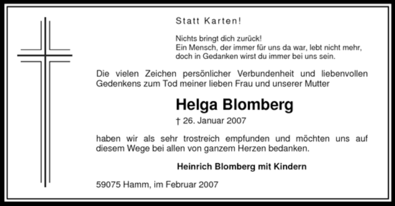  Traueranzeige für Helga Blomberg vom 24.02.2007 aus WESTFÄLISCHER ANZEIGER