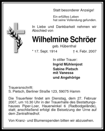 Traueranzeige von Wilhelmine Schröer von WESTFÄLISCHER ANZEIGER