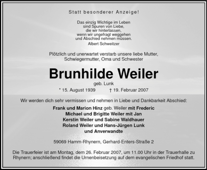  Traueranzeige für Brunhilde Weiler vom 24.02.2007 aus WESTFÄLISCHER ANZEIGER